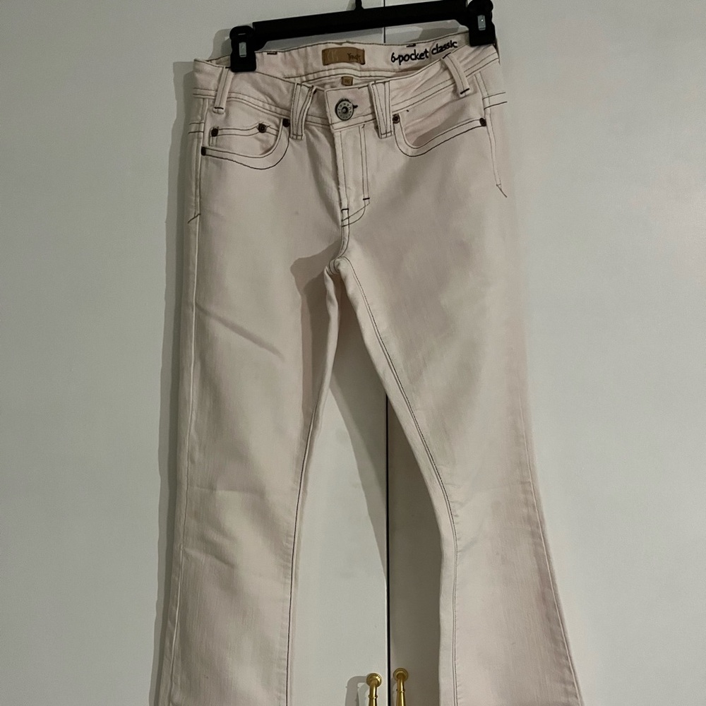 YK Yanuk jeans size 26  6-pocket Classic  Off white  brown thread. Inseam 32